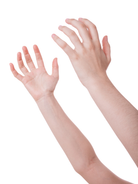 Offene Hände in der Luft. Konzept für Gebet, Betteln, Flehen, Halten oder Fangen isoliert auf weißem Hintergrund - Foto, Bild