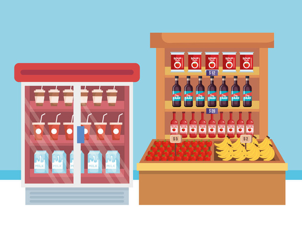 szupermarket hűtő polc és termékek - Vektor, kép