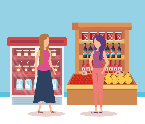 жінки в стелажах супермаркетів з продуктами
 - Вектор, зображення