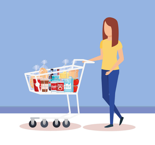 woman with shopping cart and products - Vector, Image