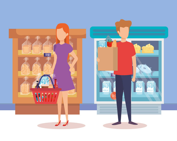 пара в холодильнике супермаркета с полкой и продуктами
 - Вектор,изображение