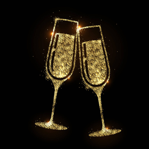 Champagne glass vector icon. Golden sparkle champagne glasses on black background - Vektor, obrázek