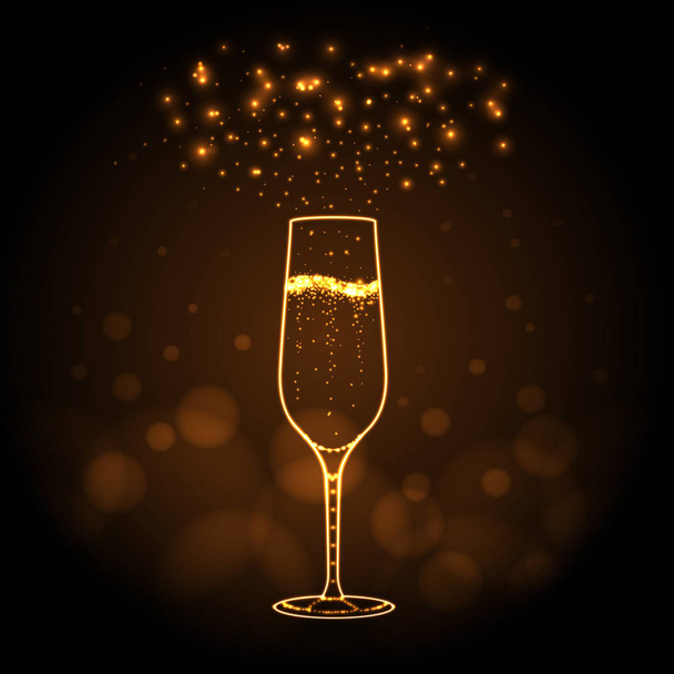 Neonový nápis šampaňské skla na zlatém podkladu. Šampaňské silueta - Vektor, obrázek