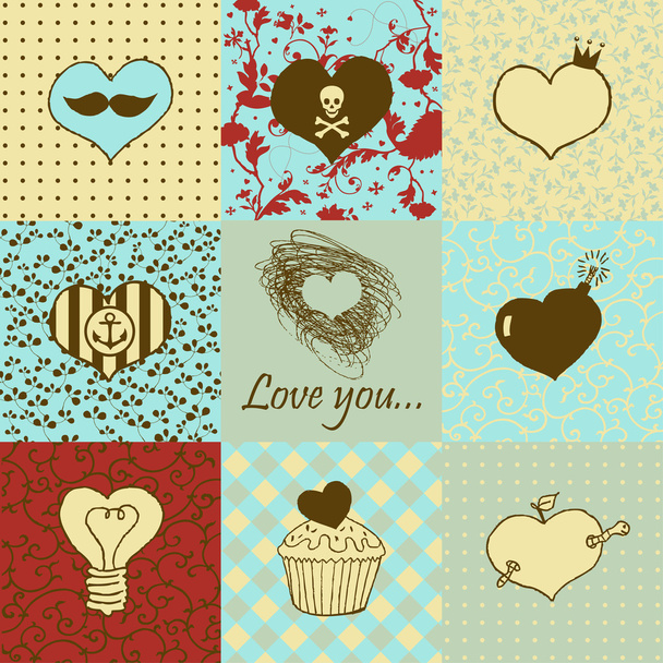 Stylish set of nine hand drawn hearts - Διάνυσμα, εικόνα