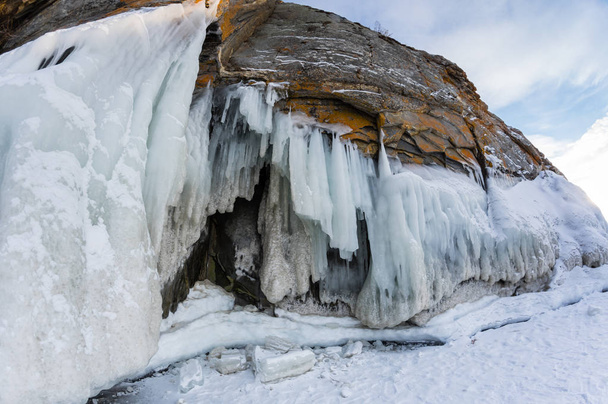 View of icicles on Lake Baikal, Olkhon island, Siberia, Russia - Fotoğraf, Görsel