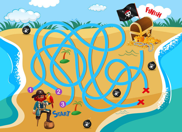 Pirate beach maze puzzle game illustration - Vector, Image