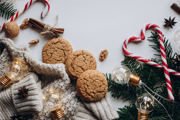 Christmas background with festive decoration on white background Flat Lay. - Fotografie, Obrázek