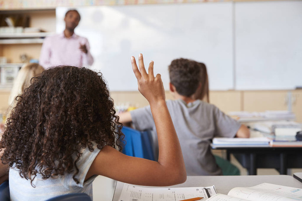 Girl raising hand to answer in elementary school class - Photo, Image