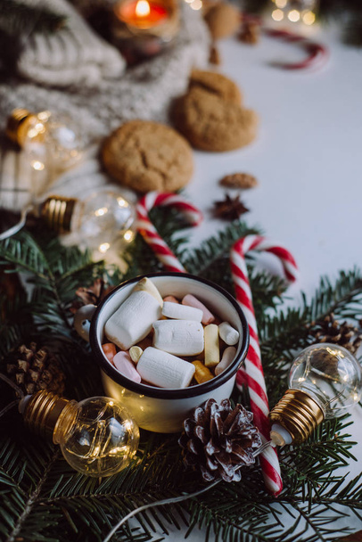 Winter hot drink. Chocolate or cocoa with marshmallow, cookies, candy on white background. - Foto, immagini