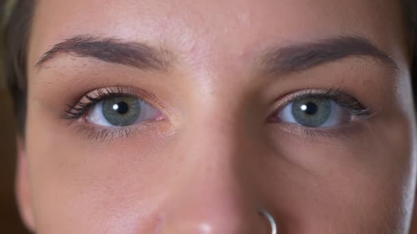 Close-up blue eyes of gorgeous caucasian female looking at camera concentrated and calm - Imágenes, Vídeo