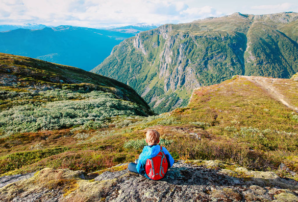 little boy travel hiking in mountains, family in nature - Foto, Imagen