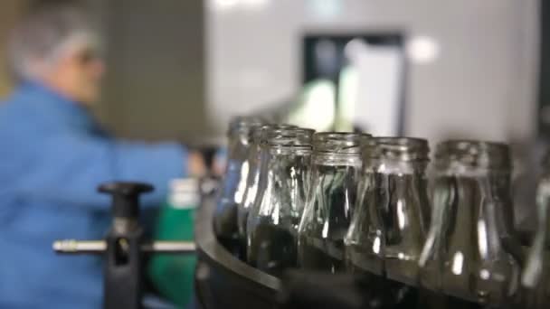 Förderband mit sauberen Milchflaschen in großer Fabrik. - Filmmaterial, Video