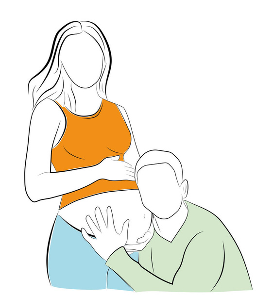 Silhouette eines Mannes, der auf den Bauch seiner schwangeren Frau hört. Vektorillustration. - Vektor, Bild