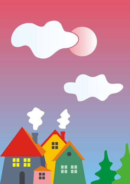 Группа домов, село, векторная иллюстрация на многоцветном фоне. На заднем плане солнце и деревья. Поселение четырех домов. Деревня, сельская местность. Цветная иллюстрация, открытка
. - Вектор,изображение