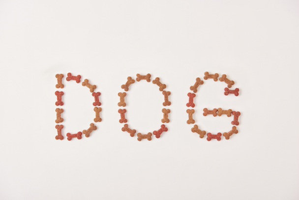 κάτοψη του γράμματα σκύλοs φτιαγμένος από κατοικίδιο ζώο τροφή σε λευκή επιφάνεια - Φωτογραφία, εικόνα