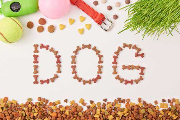 vlakke leggen met belettering hond gemaakt door voedsel voor huisdieren in de buurt van gras, ballen en hond kraag op witte ondergrond - Foto, afbeelding