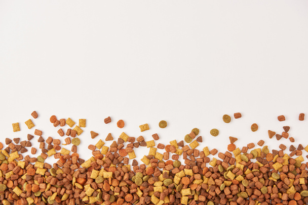 view from above of pile of dog food on white surface - Fotoğraf, Görsel