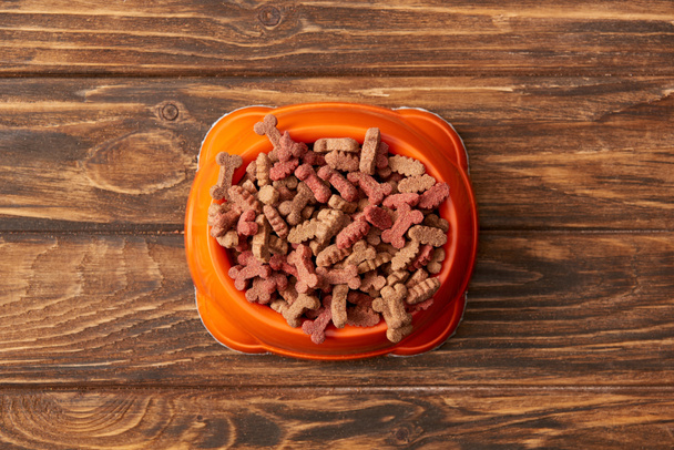 top view of plastic bowl with pile of dog food on wooden background - Photo, Image