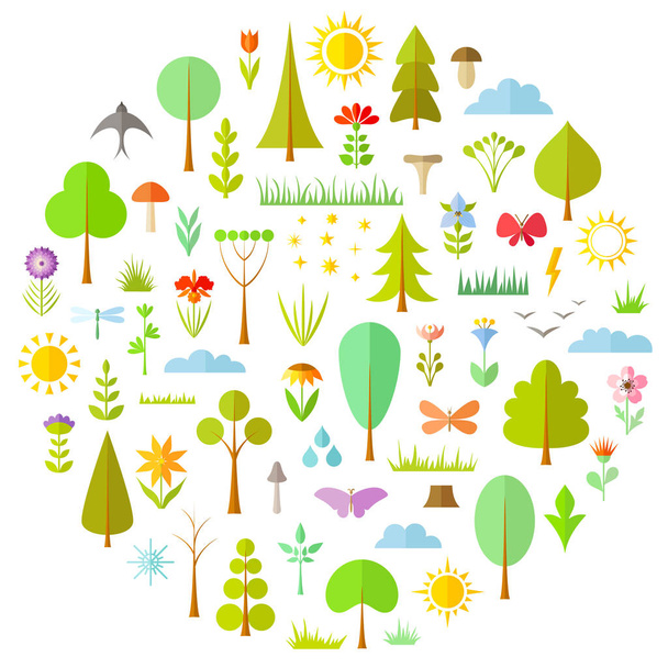 Set of vector elements for landscape design. Forest icons in flat style. Trees, grass flowers, birds, insects, bushes, herbs in the shape of a circle. - Wektor, obraz