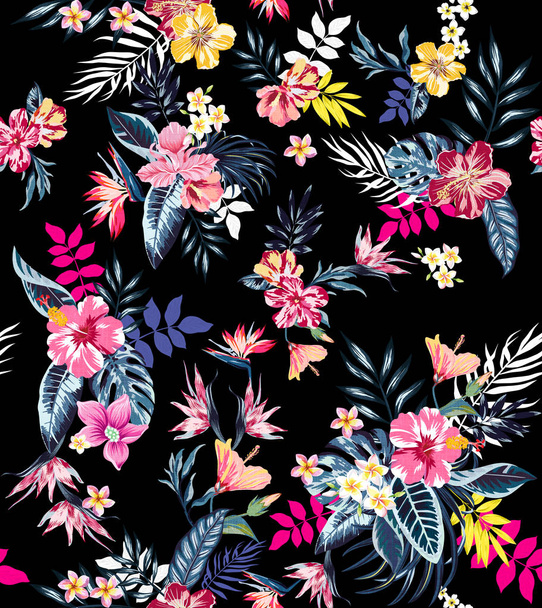 Seamless colored tropical flowers for textile; Retro Hawaiian style floral arrangement, vintage style with black background. - Fotoğraf, Görsel