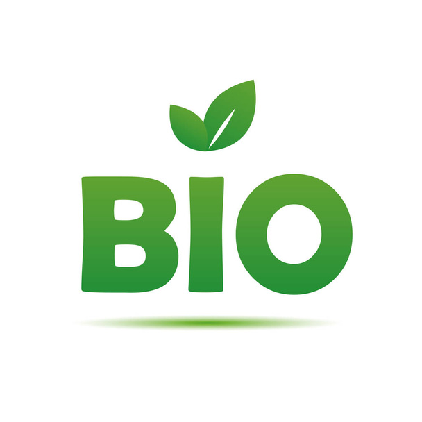 Bio-Typografie mit grünen Blättern für gesunde Ernährung auf weißem Rücken - Vektor, Bild