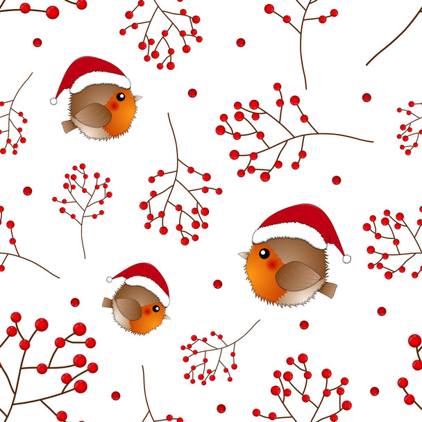 Rotkehlchen-Weihnachtsmann und Beere auf weißem Hintergrund. Vektorillustration. - Vektor, Bild