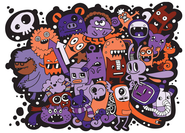 Ilustración vectorial de Doodle lindo Monster fondo, Dibujo a mano Doodle
 - Vector, Imagen