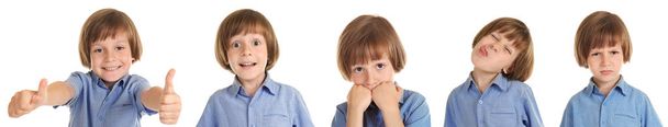 Kleiner Junge mit unterschiedlichen Emotionen auf weißem Hintergrund - Foto, Bild