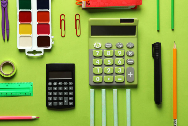 Composition with different school stationery on color background - Foto, Imagen