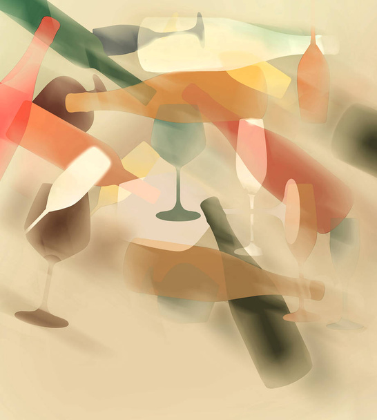 Szemüveg és bor palackok absztrakt mozgás láthatók, és a szín ezen az ábrán  - Fotó, kép