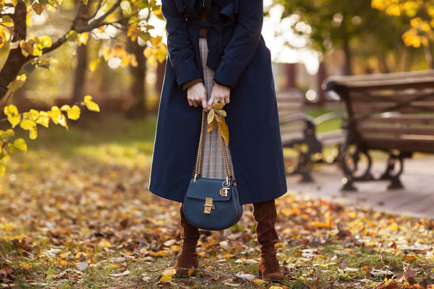 Krásná módní žena chodí přes podzimní park v modrém kabátě s taškou v ruce. Podrobnosti - Fotografie, Obrázek