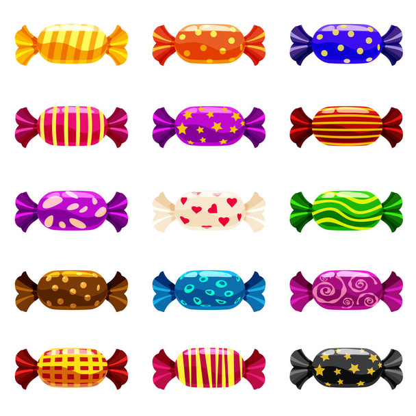 Набір кольорових цукерок у яскравій святковій упаковці різних яскравих кольорів. Солодощі, вектор, ізольовані, мультиплікаційний стиль
 - Вектор, зображення