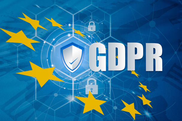 保護シールドと Eu の全般的なデータ保護の規則または Gdpr。 ヨーロッパ データ プライバシー法を調和するように設計を象徴する Eu マップ内部 Eu 旗アイコン ロック. - 写真・画像