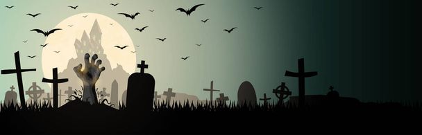 main zombie devant un château et une pleine lune avec des pierres tombales et d'autres éléments illustrés effrayants pour les mises en page de fond Halloween - Vecteur, image