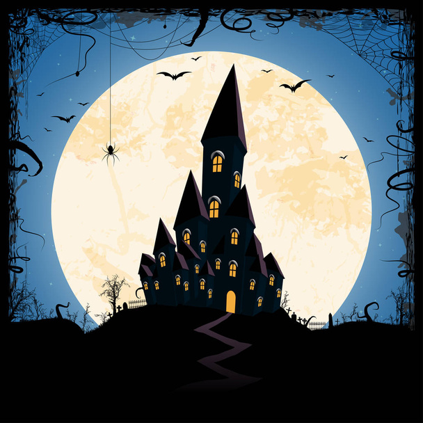dark castle in front of full moon with scary illustrated elements for Halloween background layouts - Vector, Image