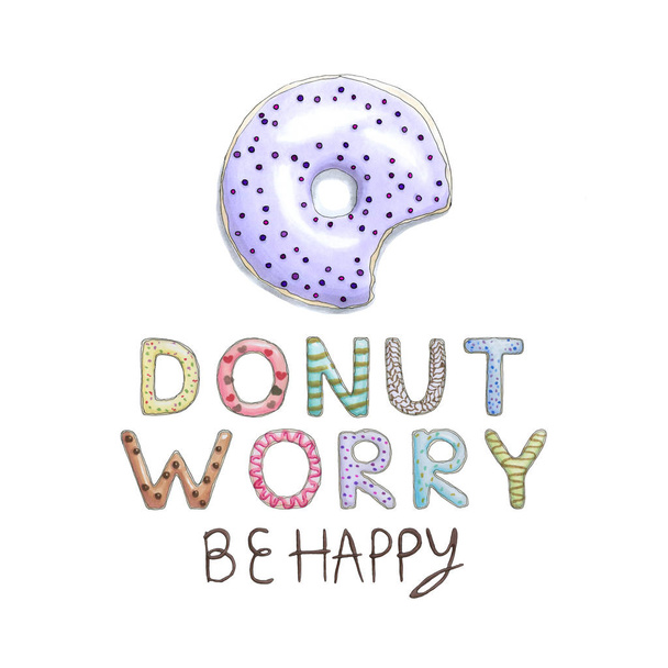 Donut Worry Be Happy Funny Card avec la police donut et beignet lilas savoureux. Expression inspirante pour cartes de vœux, décoration, gravures et affiches. Illustration dessinée à la main par des marqueurs
. - Photo, image