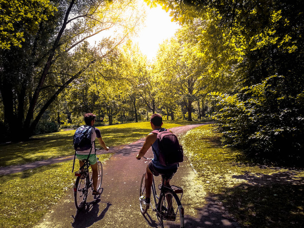 Young students riding their bikes on Rheinaue park, Bonn, Germany - Фото, изображение