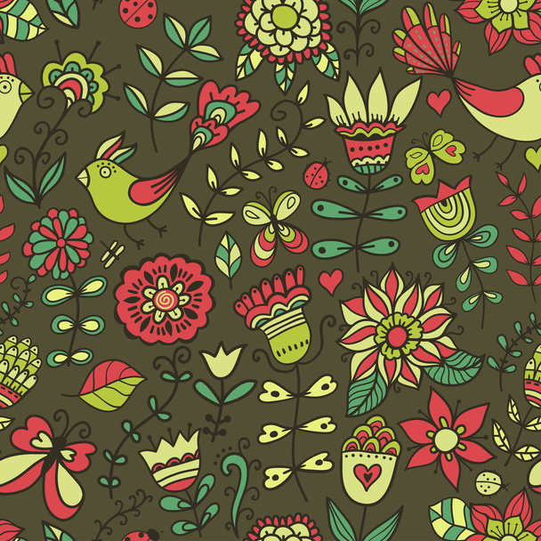 Seamless texture with flower, bird and butterfly. Endless floral pattern. - Vektor, obrázek