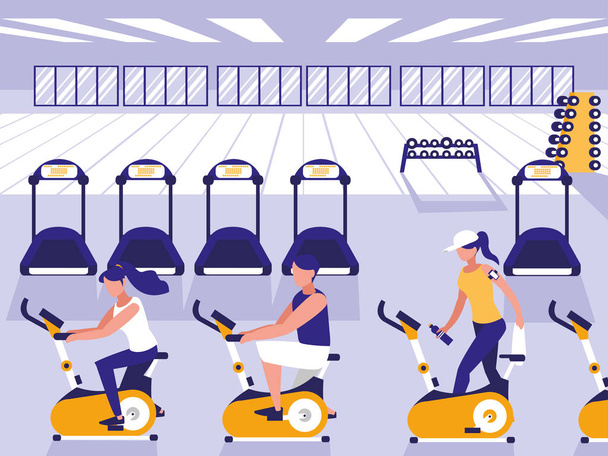 people riding spinning bicycle in sport gym - Vector, Image