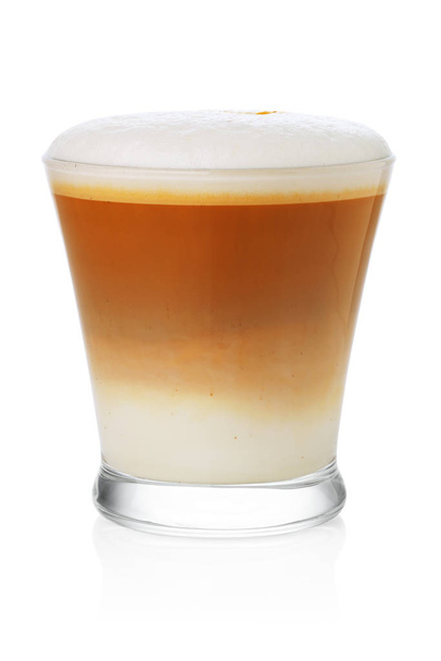 Transparent glass with cappuccino coffe and milk foam isolated on white background - Photo, image