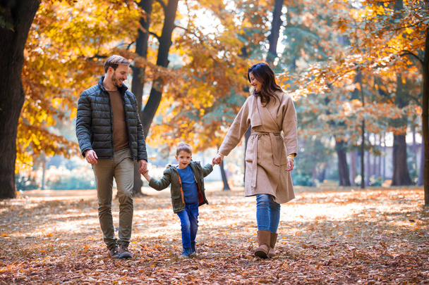 彼の手を握って、彼の息子と秋の公園で歩いている若い家族. - 写真・画像