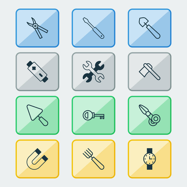 Instrumentensymbole mit Mistgabel, Akku, Schaufel und anderen Schlüsselelementen. Ikonen zur Illustration. - Foto, Bild