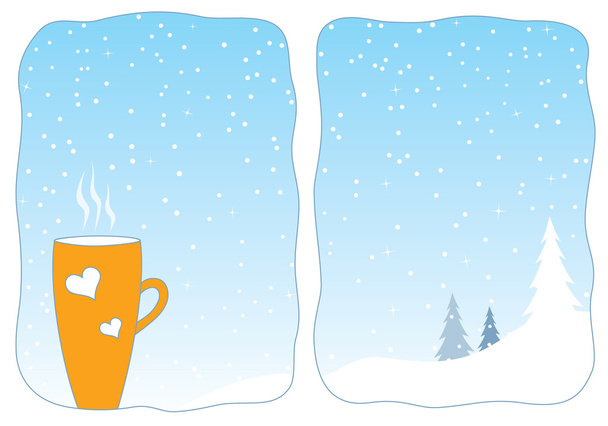 φλιτζάνι καυτό τσάι σε ένα χιονισμένο παράθυρο - Διάνυσμα, εικόνα
