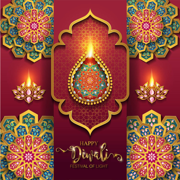 Happy Diwali karty festiwalu z gold diya wzorzyste i kryształy na papierze kolor tła. - Wektor, obraz
