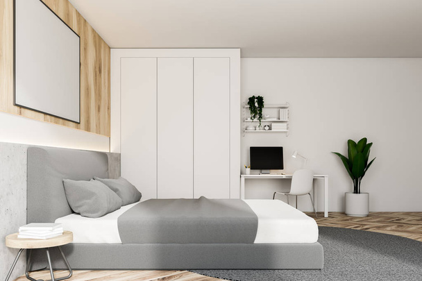 Bedroom with white and wooden walls, master bed standing on round carpet and home office corner. Horizontal mock up poster on the wall. 3d rendering - Photo, Image