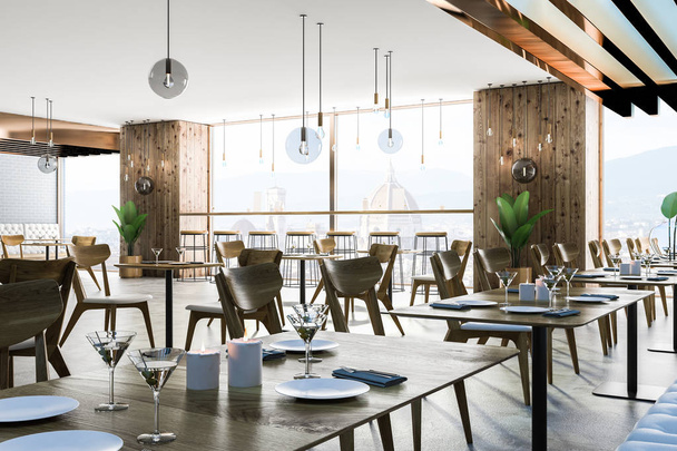 Corner of luxury restaurant with gray brick and wooden walls, concrete floor, square tables with chairs and white sofas. 3d rendering - Φωτογραφία, εικόνα