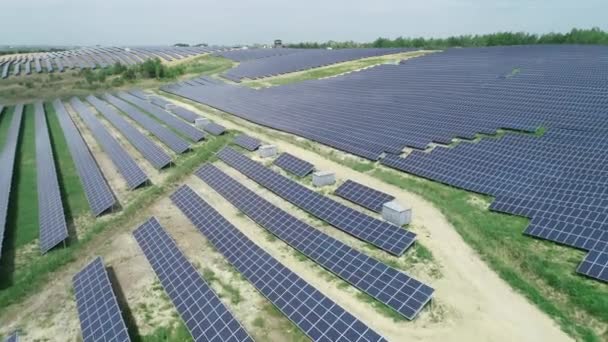 Alternatieve energie, zicht op zonnepanelen in het veld vanaf hoogte - Video