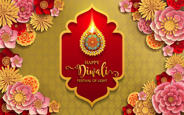 Boldog Diwali fesztivál kártya arany Ilona mintás és kristályok a papír színes háttérrel. - Vektor, kép