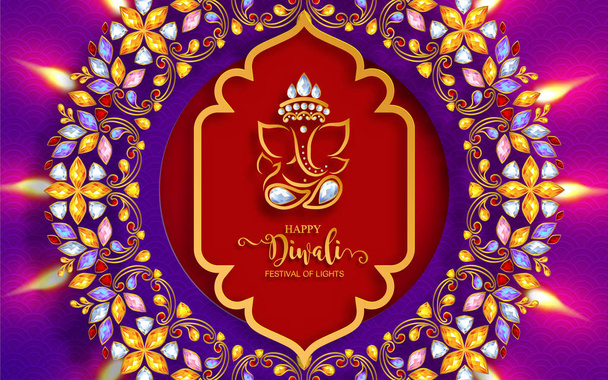Ευτυχισμένο Diwali Φεστιβάλ κάρτα με χρυσό diya μοτίβο και κρύσταλλα σε χαρτί χρώμα φόντου. - Διάνυσμα, εικόνα
