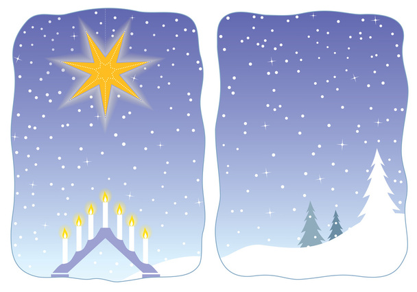 Estrella de Adviento decorando una ventana nevada
 - Foto, Imagen